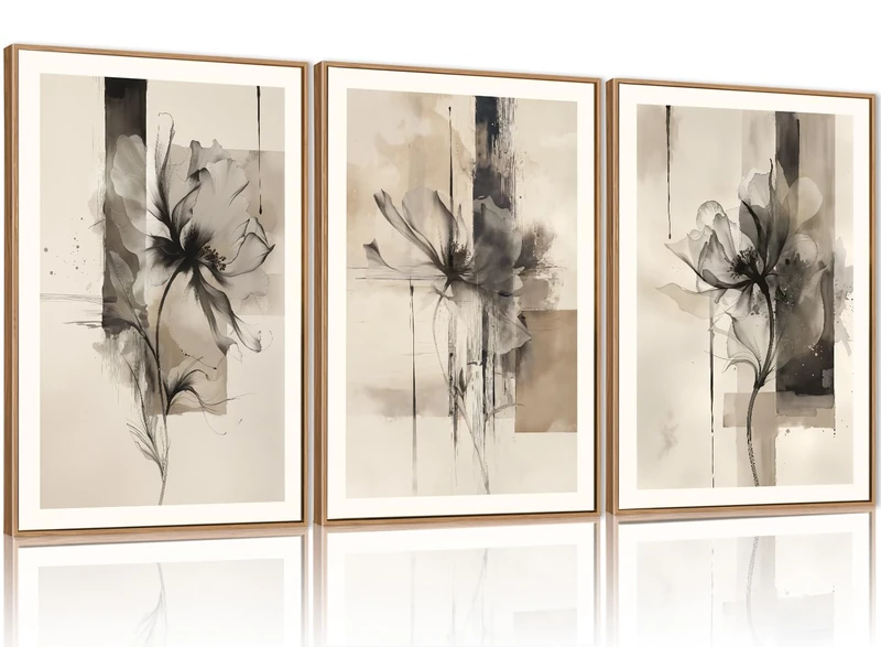 FWIEXA Black Beige Floral Canvas Wall Art Set 3, Neutral Abstract Framed Prints, Brushstroke Geometry Line Paintings, 16x24In Watercolor Ink Artwork Poster for Farmhouse, Living Room, Bedroom, Office