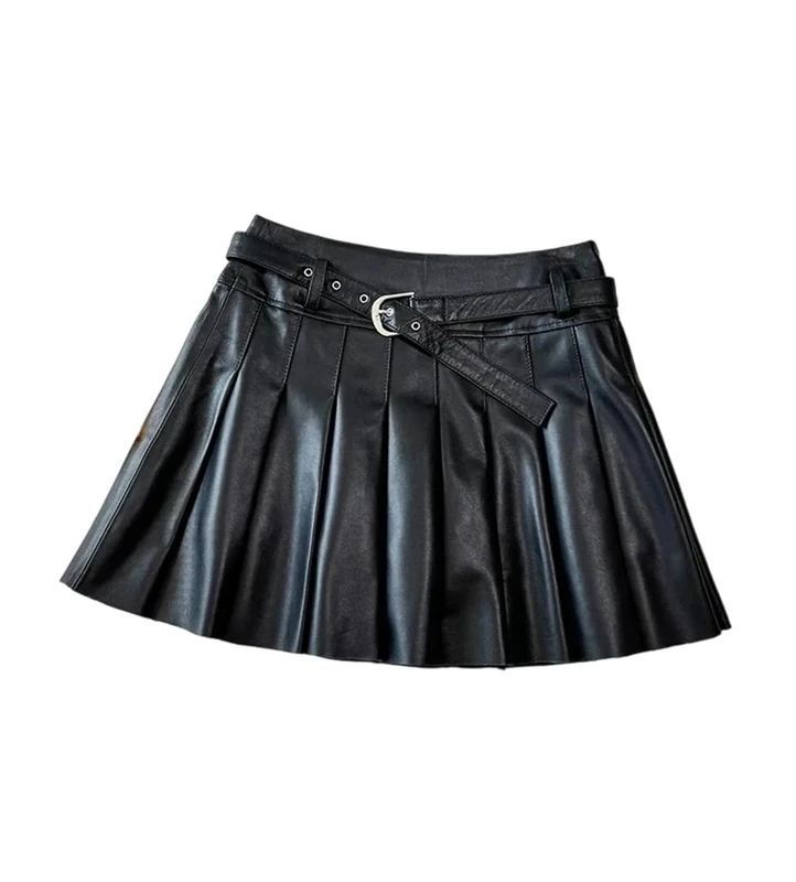 Women's Genuine Leather Pleated Skirts High Waisted Slim Fit Sheepskin Mini Skirt with Belt Black