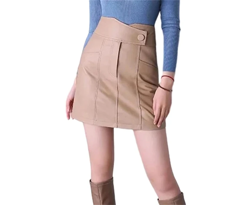 Women's Spring Genuine Leather Mini Skirts Slim Fit A Line Zipper Khaki