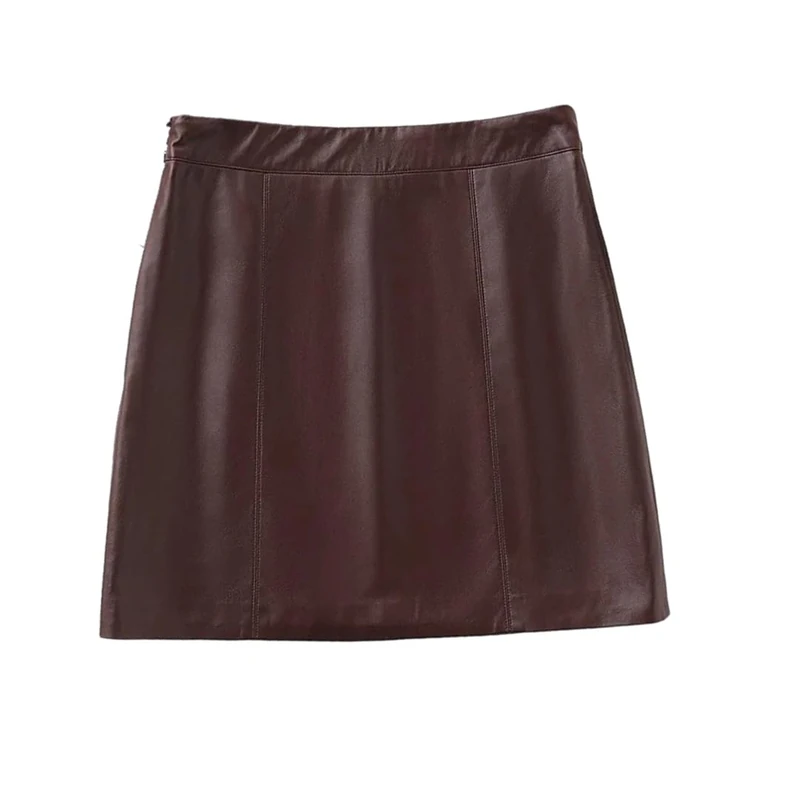 Women Genuine Leather Mini Skirt High Waist Spring Sheepskin Bodycon Slim Skirts with Belt Dark Coffee