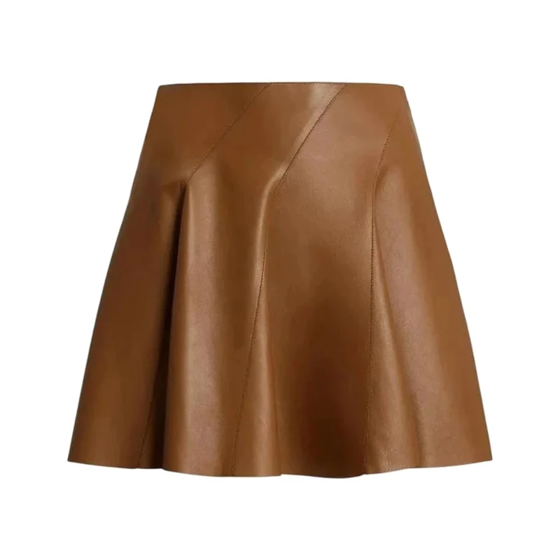 Women Genuine Leather Mini Skirt A-Line Ruffled Skirts Yellow Brown