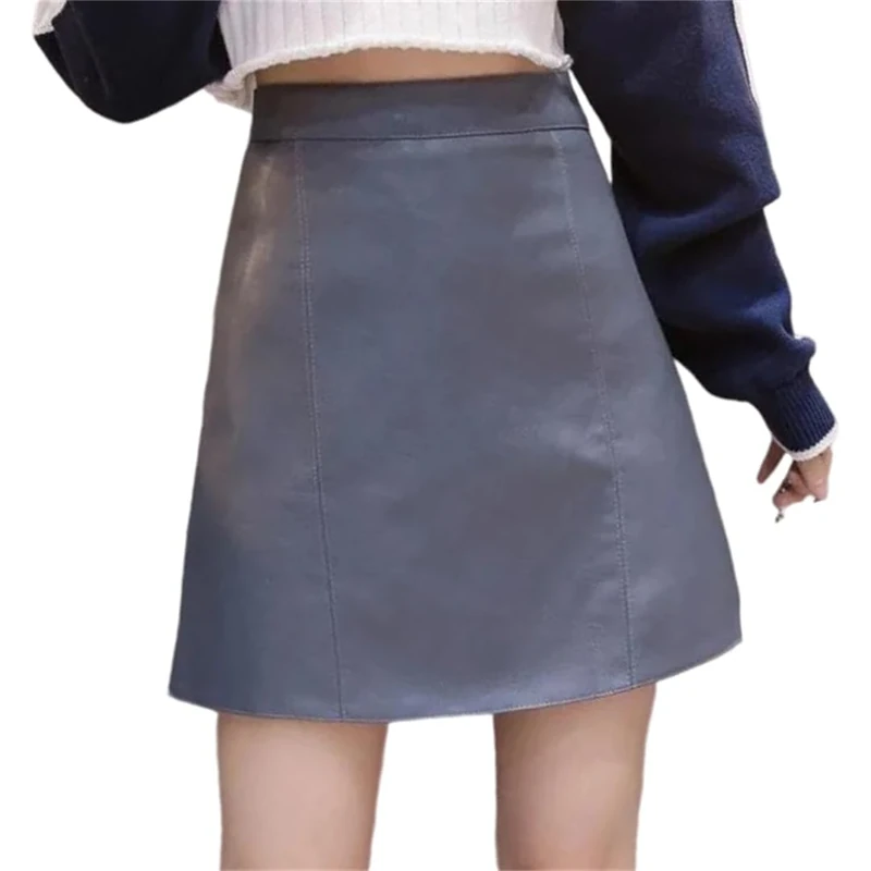 Women Genuine Leather Mini Skirt High Waist Spring Sheepskin Bodycon Slim Skirts with Belt