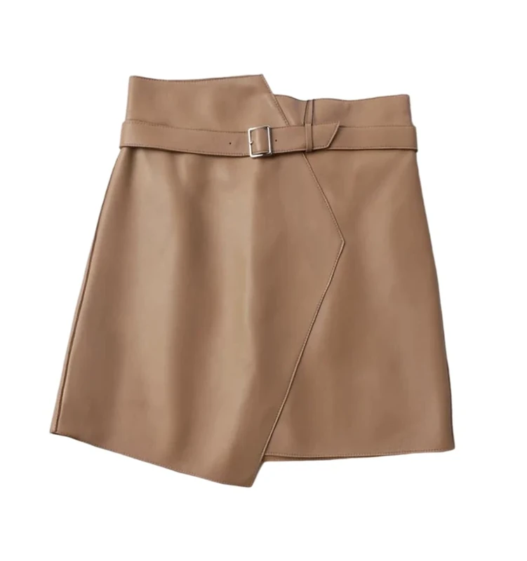 Women Genuine Leather Mini Skirt High Waist Spring Sheepskin Mini Skirts Khaki