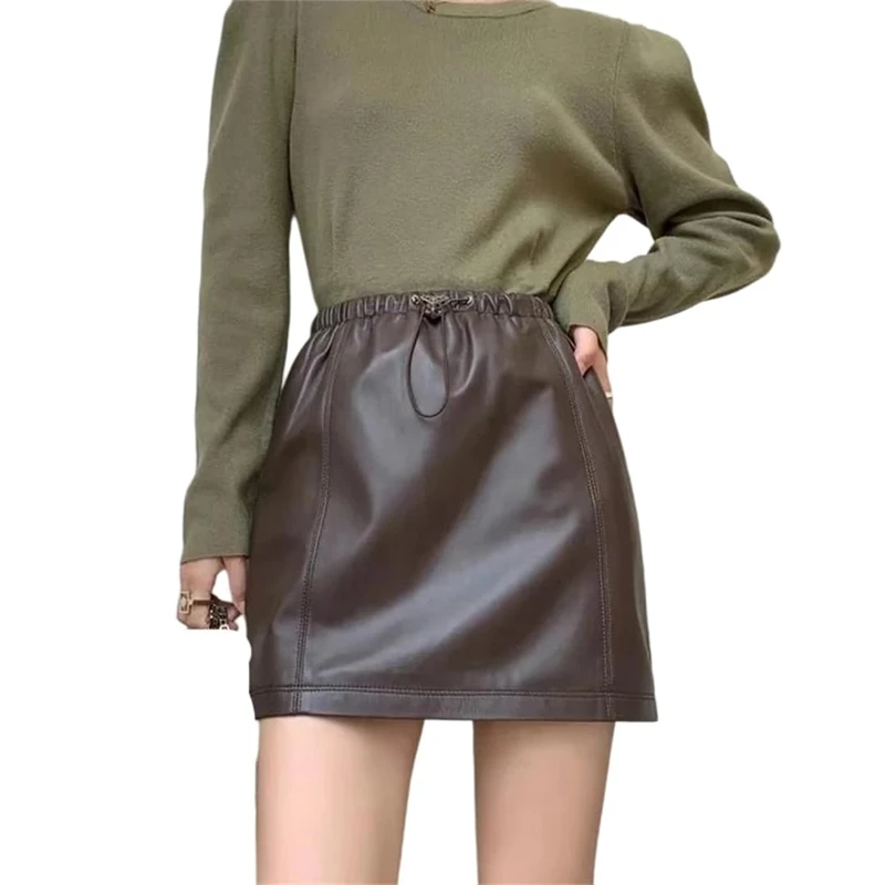Women's Genuine Leather Skirts Simple Casual Slim Fitting Sheepskin Mini Skirt Elastic Waist Drawstring