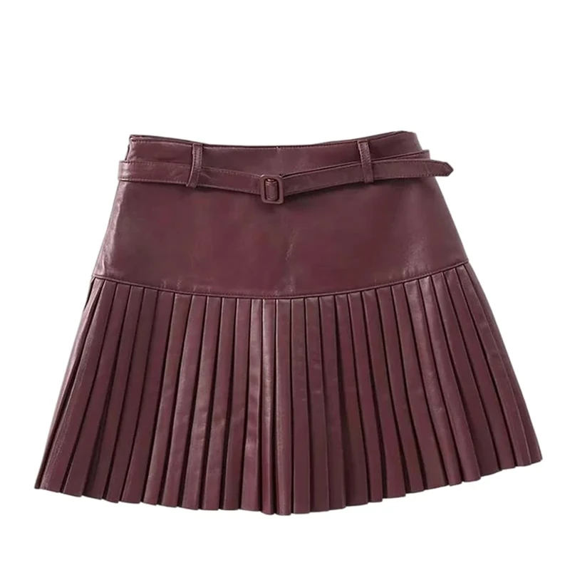 Women Preppy Mini Skirt Genuine Leather High-Waisted Pleated Belt Skirts Burgundy