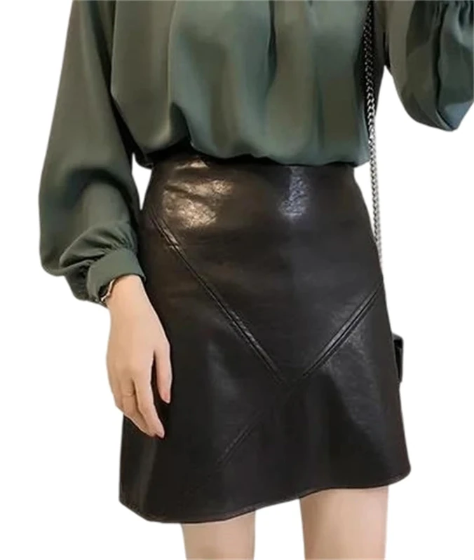 Women Genuine Leather Skirt Classic High-Waisted A-Line Mini Skirts Black