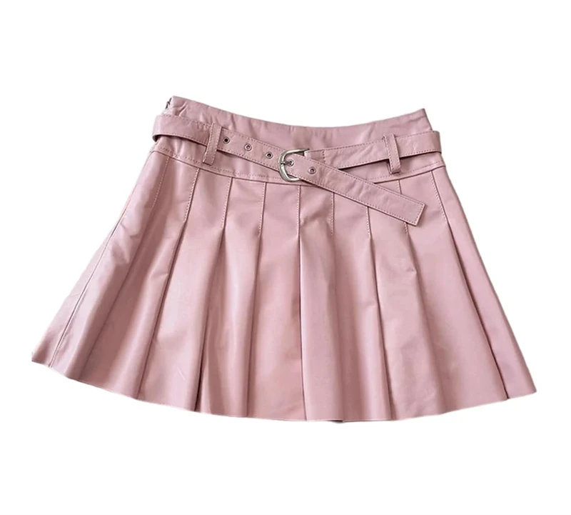 Women's Genuine Leather Pleated Skirts High Waisted Slim Fit Sheepskin Mini Skirt with Belt