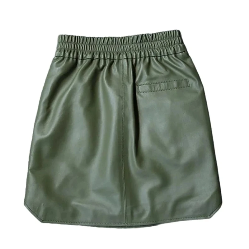 Women Genuine Leather Skirts Simple and Casual Elastic Waist Pocketed Hip Wrap Mini Skirt Spring Fall