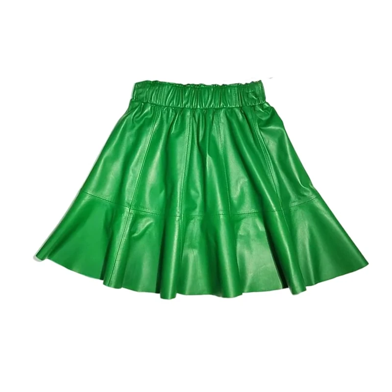 Women's Genuine Leather Skirts Elastic Waist Slim Fit Sheepskin Pleated Mini A Line Skirt