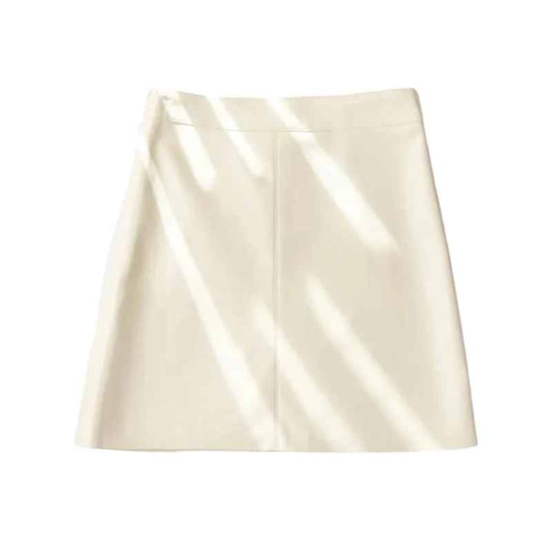 Women White Mini Genuine Leather Skirt Sheepskin High Waist Spring Fall Skirts