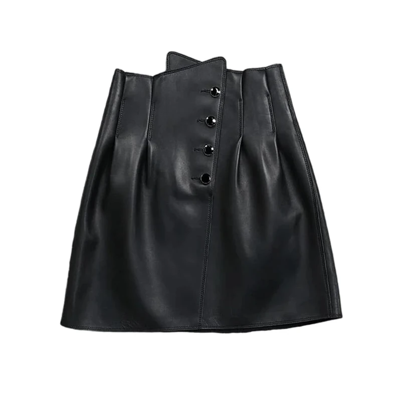 Women High-Waisted Short Skirt with Pleated Buttons Sexy A-Line Mini Skirts Black