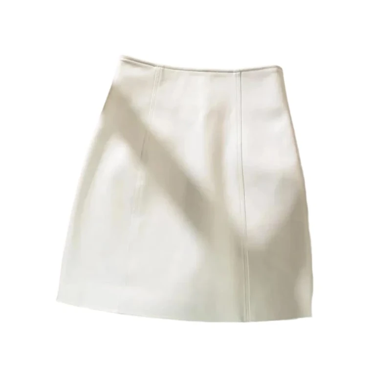 Women Genuine Leather Skirt Vintage A-Line Mini Skirts Fall Winter White