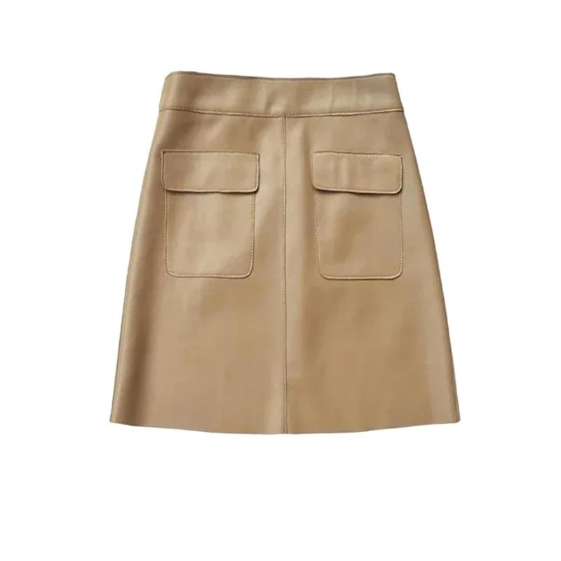 Women Genuine Leather Skirt A-Line Sheepskin with Pockets Back Zipper Fall Mini Skirts Khaki