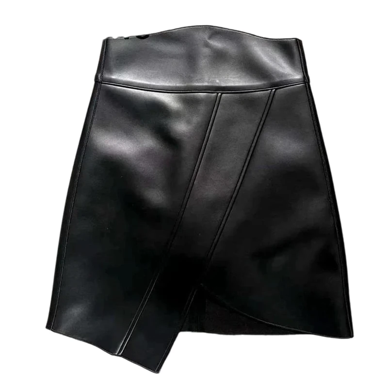 Women Genuine Leather Skirt Mini Skirt High Waist Irregular Hem Fall Winter Vintage Style Skirts Black
