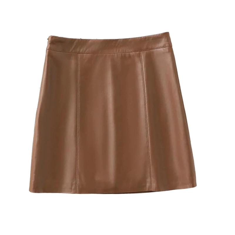 Women Genuine Leather Mini Skirt High Waist Spring Sheepskin Bodycon Slim Skirts with Belt Dark Brown