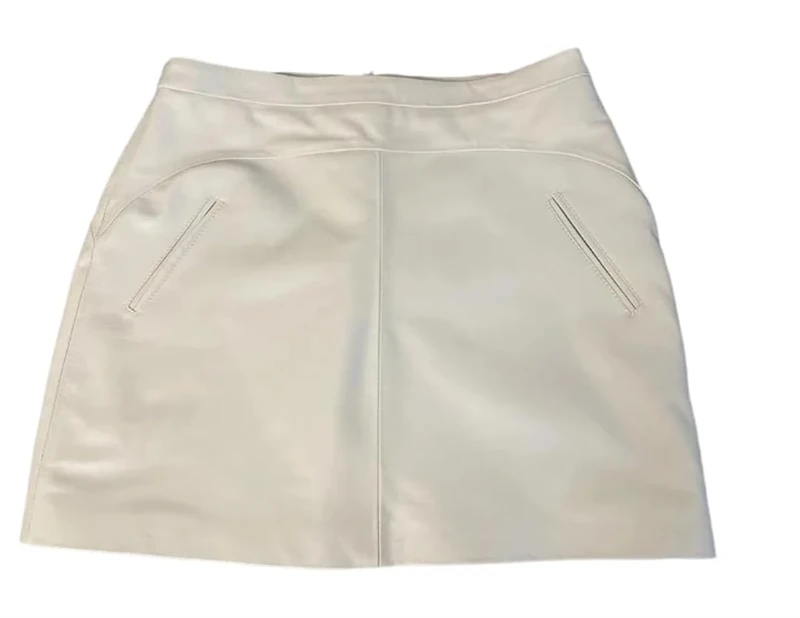 Women's Sexy Genuine Leather Mini Skirts High Waisted Vintage A Line Skirt Beige