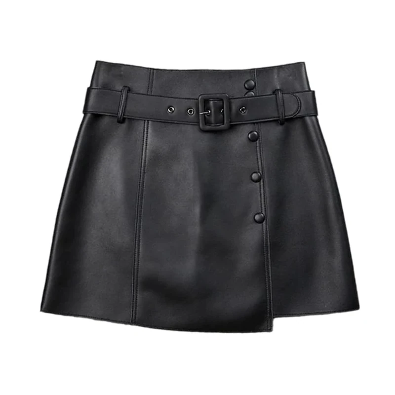 Women's Genuine Leather Mini Skirts Asymmetrical with Belt Black