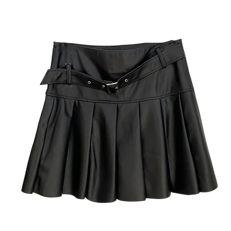 Women's Genuine Leather High Waisted Pleated Skirts Slim Fitting Belted Mini Sheepskin Skirt Black