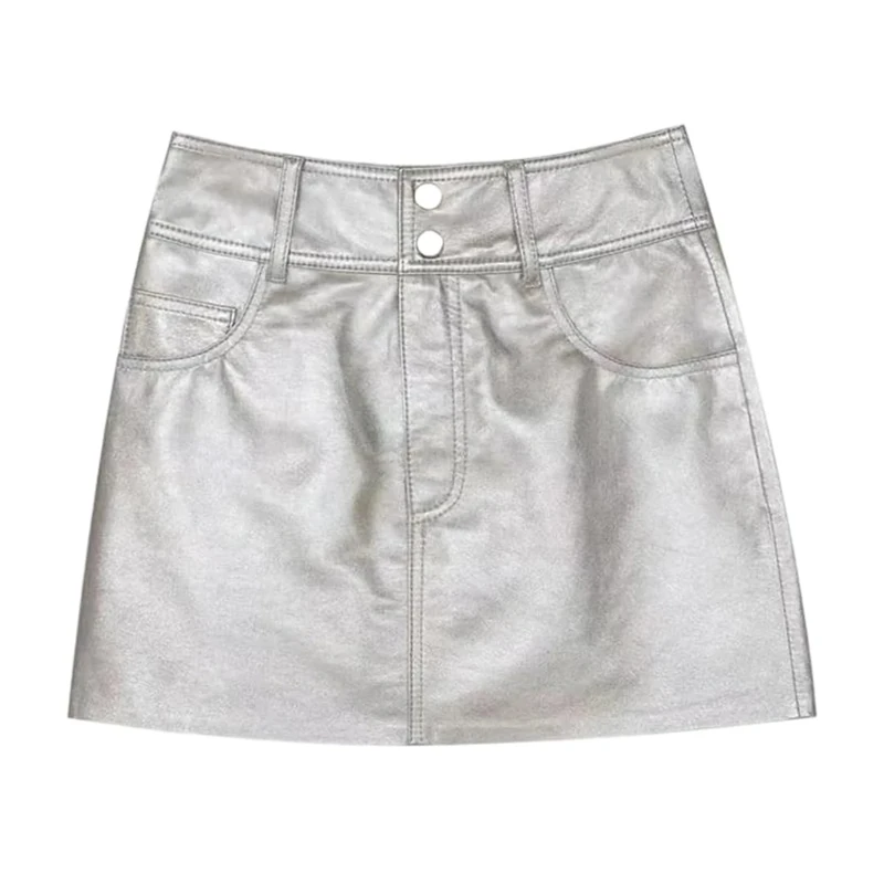 Women's Sexy High Waisted A Line Sheepskin Mini Skirts Spring Fall with Wrap Waist Silver