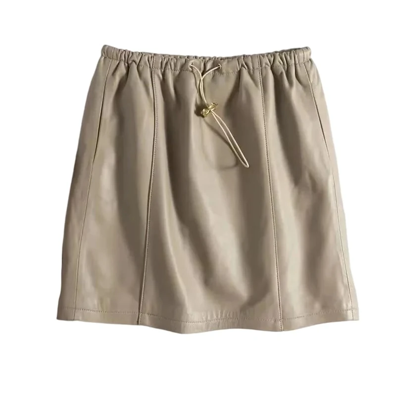 Women's Genuine Leather Skirts Simple Casual Slim Fitting Sheepskin Mini Skirt Elastic Waist Drawstring