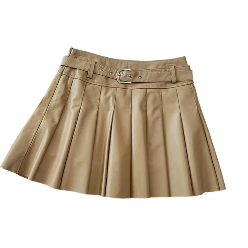 Women's Genuine Leather Pleated Skirts High Waisted Slim Fit Sheepskin Mini Skirt with Belt Khaki