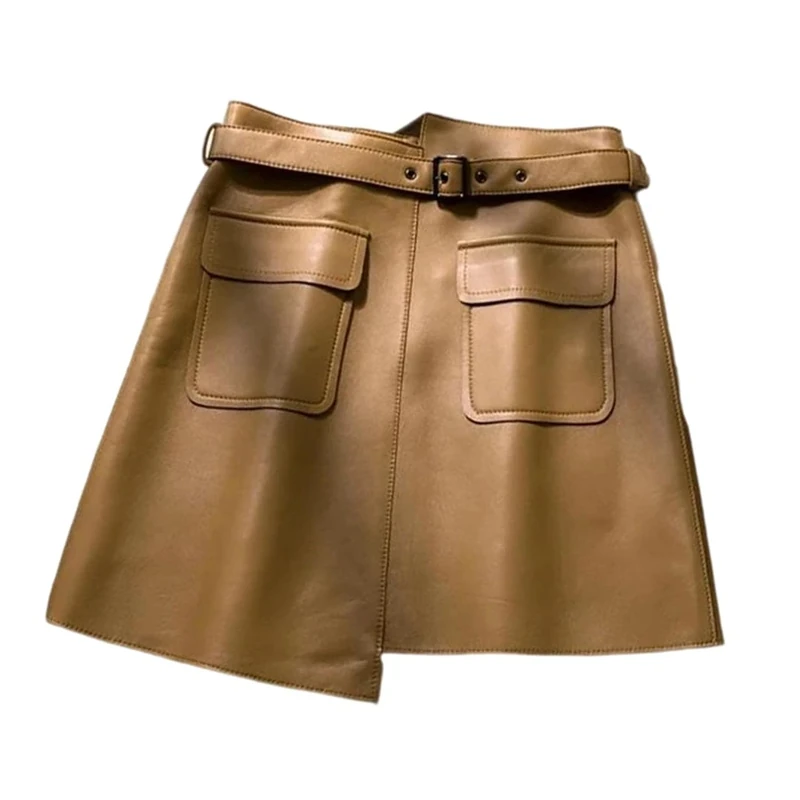 Women Genuine Leather Mini Skirt Irregular Belt Pocket Skirts Spring Fall