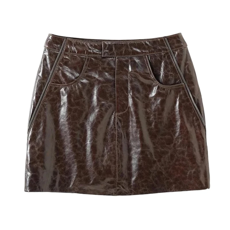 Women's Genuine Leather Mini Skirts Sheepskin Skirt Sexy Brown Zipper Mini Skirt