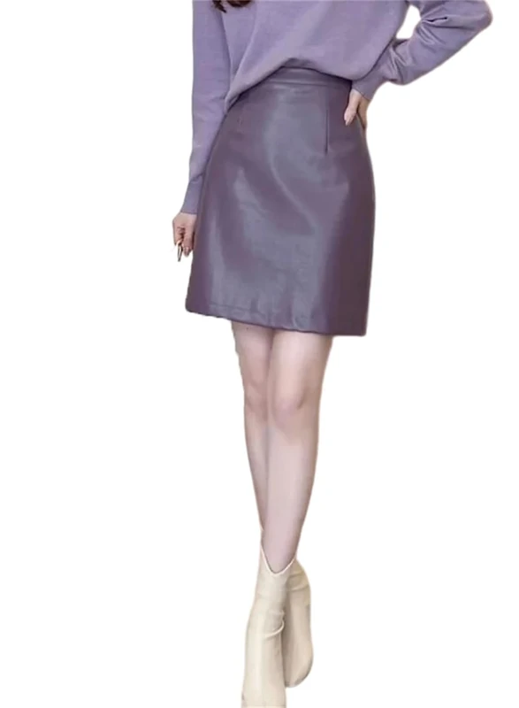 Women Genuine Leather Skirt Vintage Mini Solid A-Line Skirts Spring Fall Purple