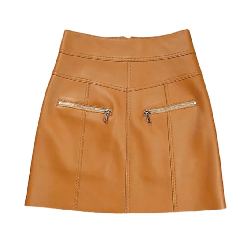 Women's Sexy Leather Skirts Soft Sheepskin High Waisted Slim Fit Mini Skirt with Zipper Yellow