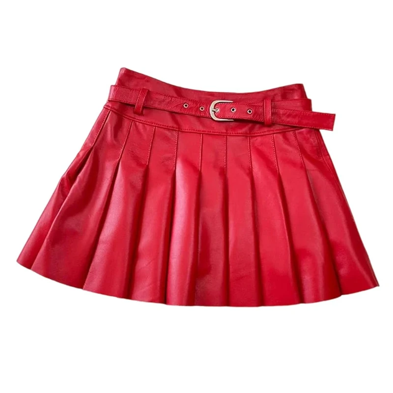 Women's Genuine Leather Pleated Skirts High Waisted Slim Fit Sheepskin Mini Skirt with Belt Red