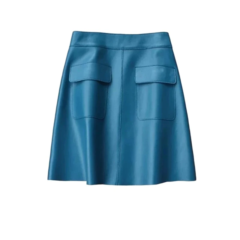 Women Genuine Leather Skirt A-Line Sheepskin with Pockets Back Zipper Fall Mini Skirts Blue