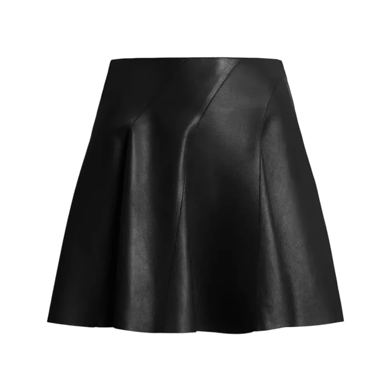 Women Genuine Leather Mini Skirt A-Line Ruffled Skirts Black