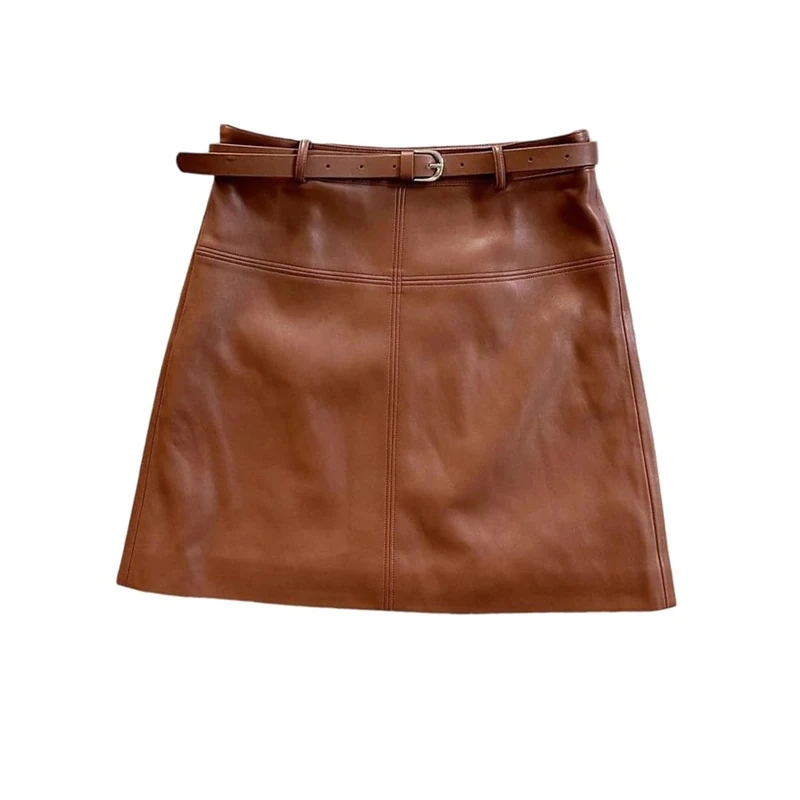 Women Genuine Leather Skirt Mini with Belt Skirts Fall Winter