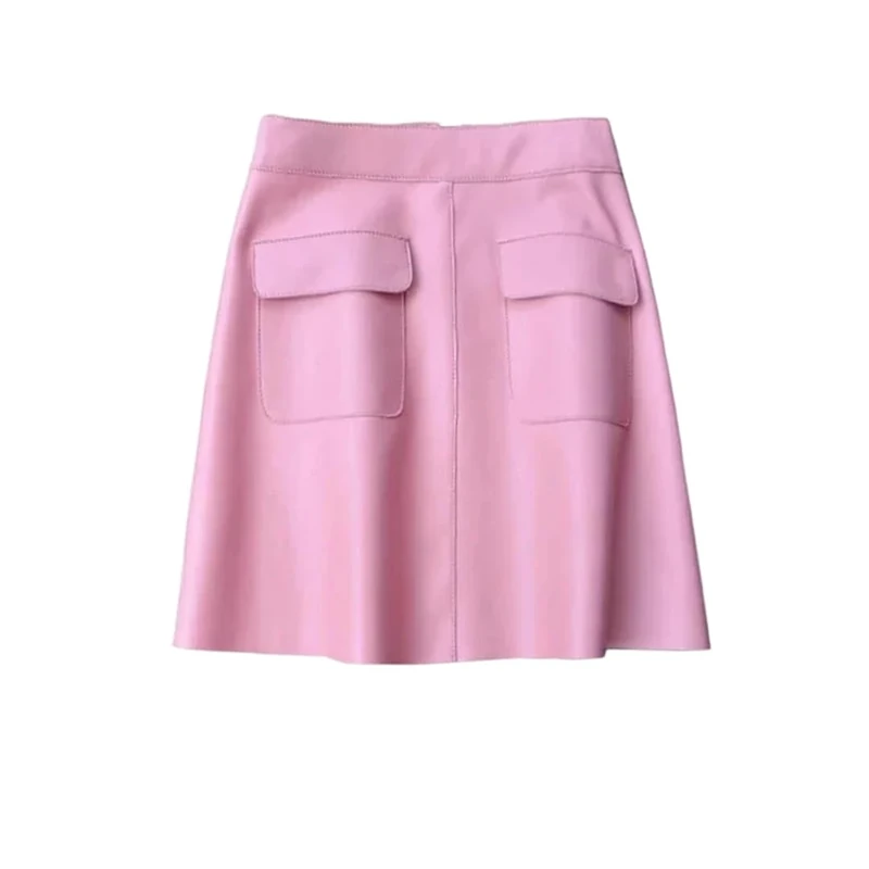 Women Genuine Leather Skirt A-Line Sheepskin with Pockets Back Zipper Fall Mini Skirts