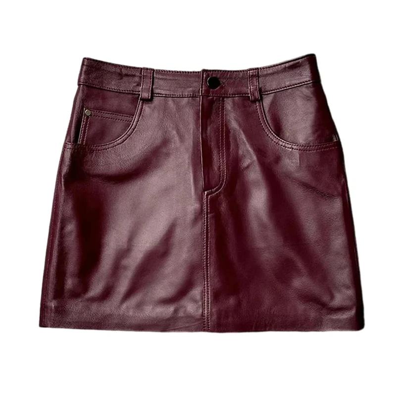 Women's Genuine Leather A Line Skirts Solid High Waisted Slim Fit Sheepskin Mini Skirt with Pockets Wine Red
