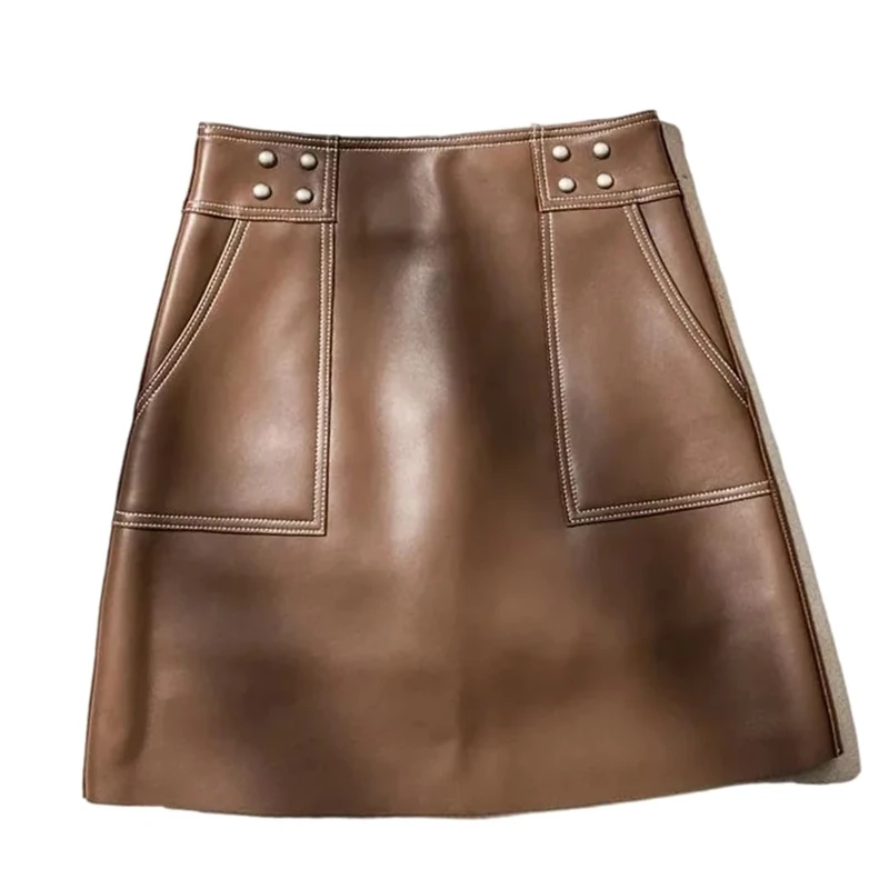 Women Genuine Leather Mini Skirt High Waist Back Zipper Pocket Skirts Fall Coffee