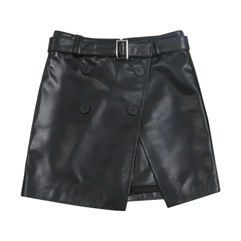 Women Genuine Leather Black Skirt Irregular Sheepskin A-Line High-Waisted Mini Skirts Spring Fall