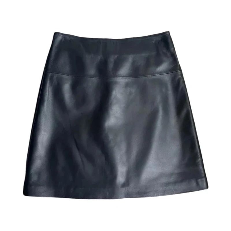 Women Genuine Leather Skirt Sheepskin Mini A-Line Skirts Fall Winter Black