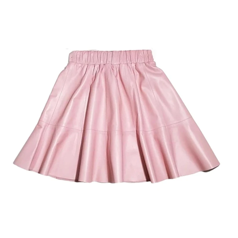 Women's Genuine Leather Skirts Elastic Waist Slim Fit Sheepskin Pleated Mini A Line Skirt