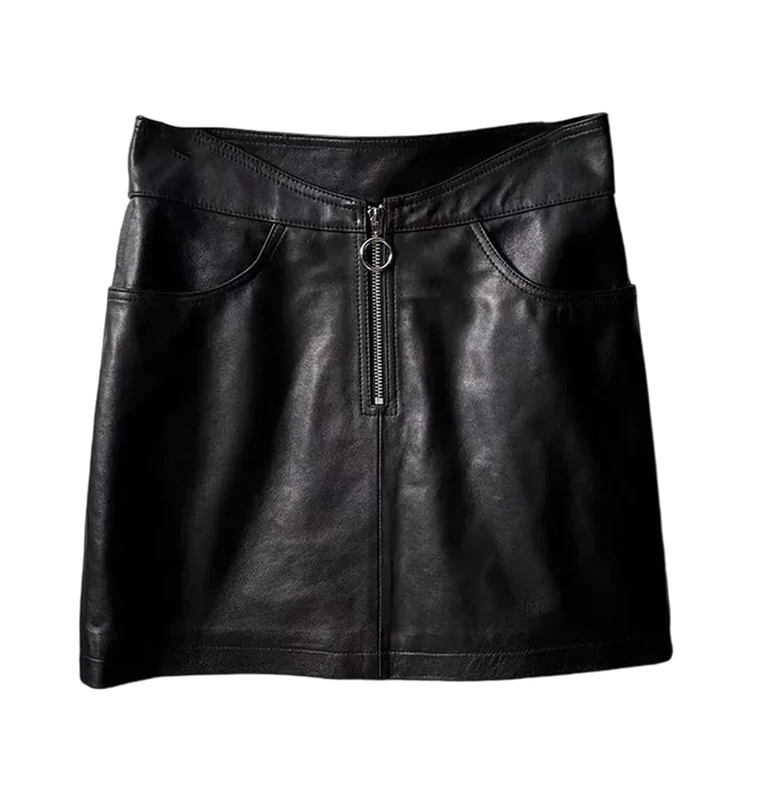 Women Genuine Leather Short Mini Skirt Curved Waist Sexy Front Zip Skirts Black