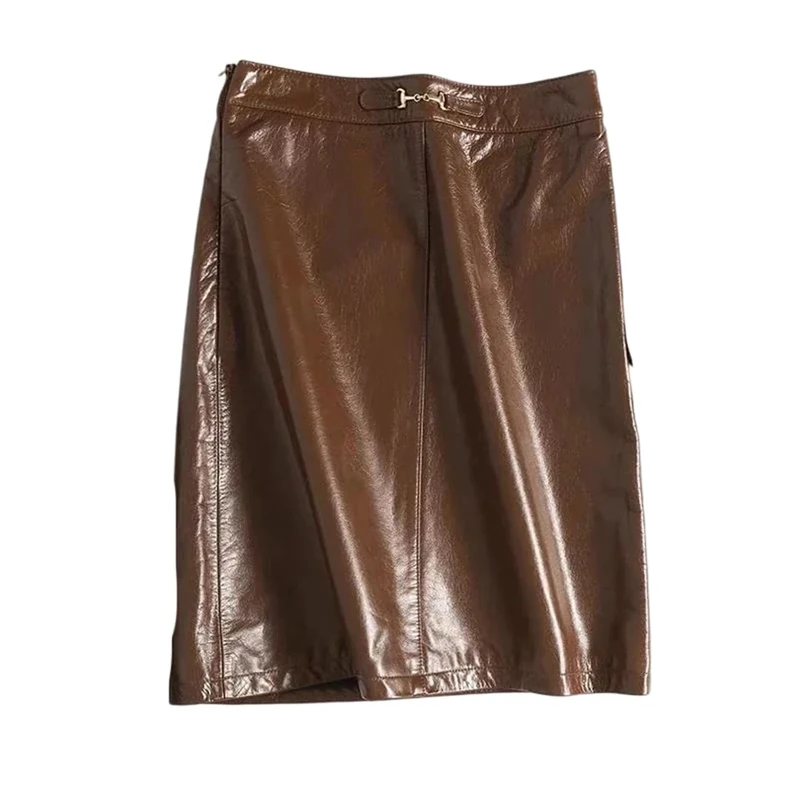 Women Vintage Genuine Leather A-Line Knee-Length Skirt with Waist High-Waisted Hip-Wrap Miniskirts Brown