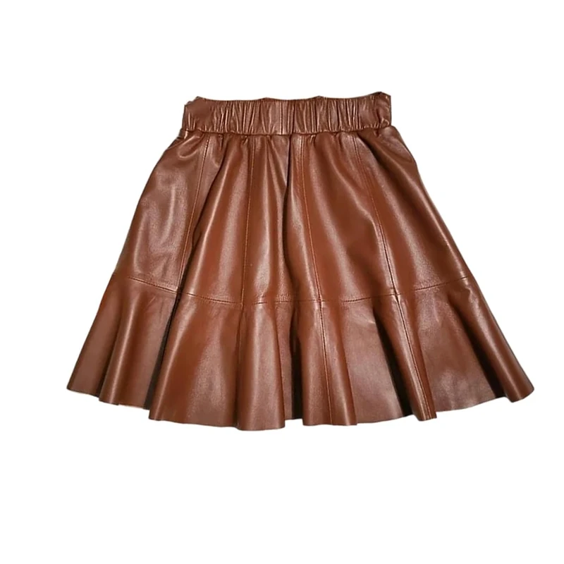 Women's Genuine Leather Skirts Elastic Waist Slim Fit Sheepskin Pleated Mini A Line Skirt Coffee