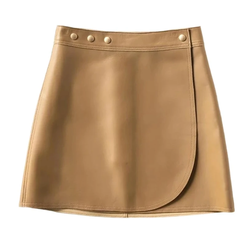 Women Genuine Leather Mini Skirt Slim Fit Side Slit A-Line Bodycon Skirts Fall Winter Khaki