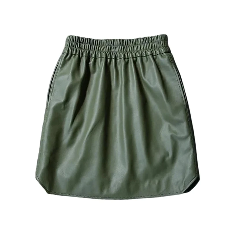 Women Genuine Leather Skirts Simple and Casual Elastic Waist Pocketed Hip Wrap Mini Skirt Spring Fall