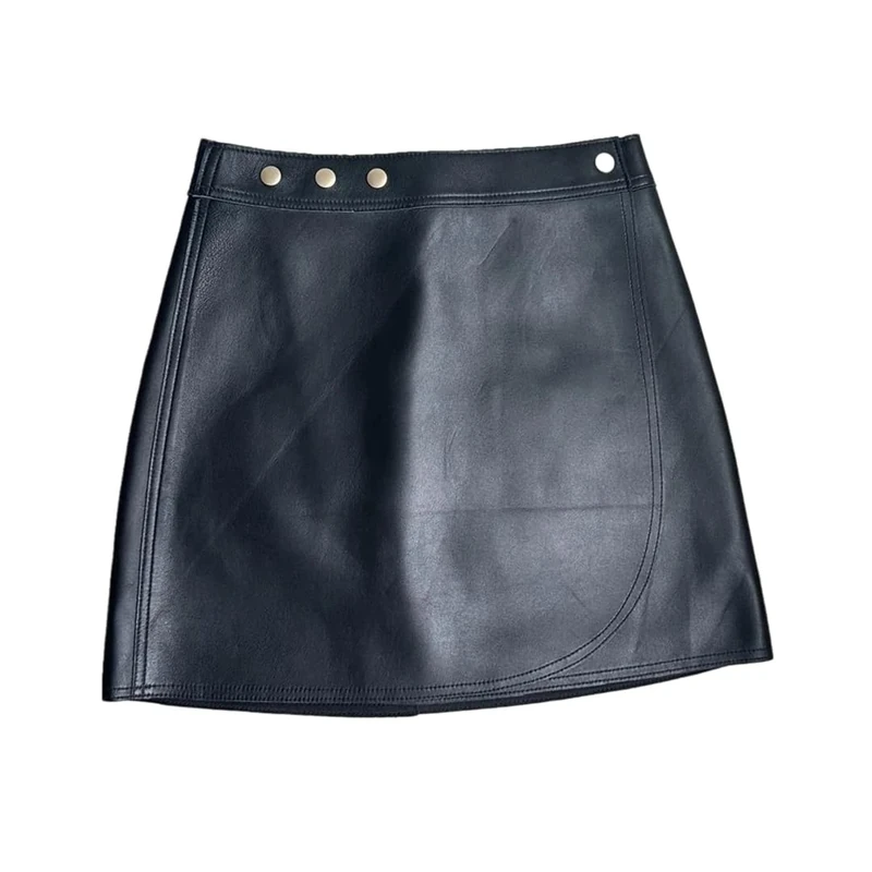 Women Genuine Leather Skirt Mini A-Line Hip-Wrap Skirts Fall Winter Black