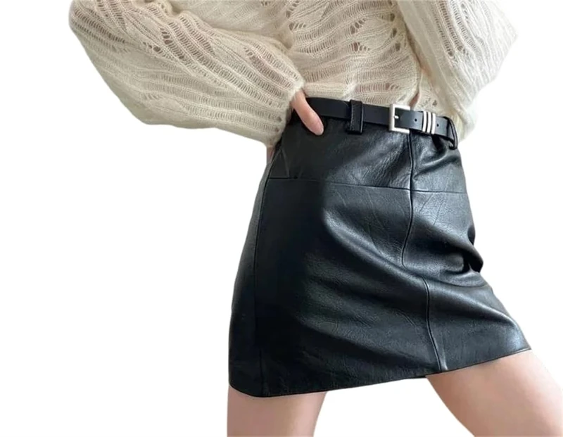 Women's Genuine Leather Hip-Wrap Mini Skirt High Waisted Sexy Sheepskin Mini Skirts with Belt Black