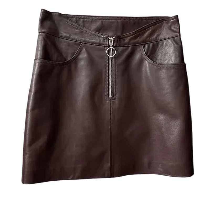 Women Genuine Leather Short Mini Skirt Curved Waist Sexy Front Zip Skirts