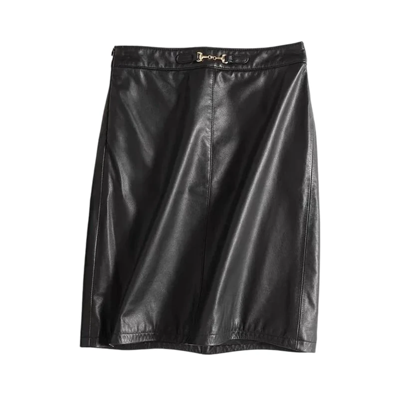 Women Vintage Genuine Leather A-Line Knee-Length Skirt with Waist High-Waisted Hip-Wrap Miniskirts Black