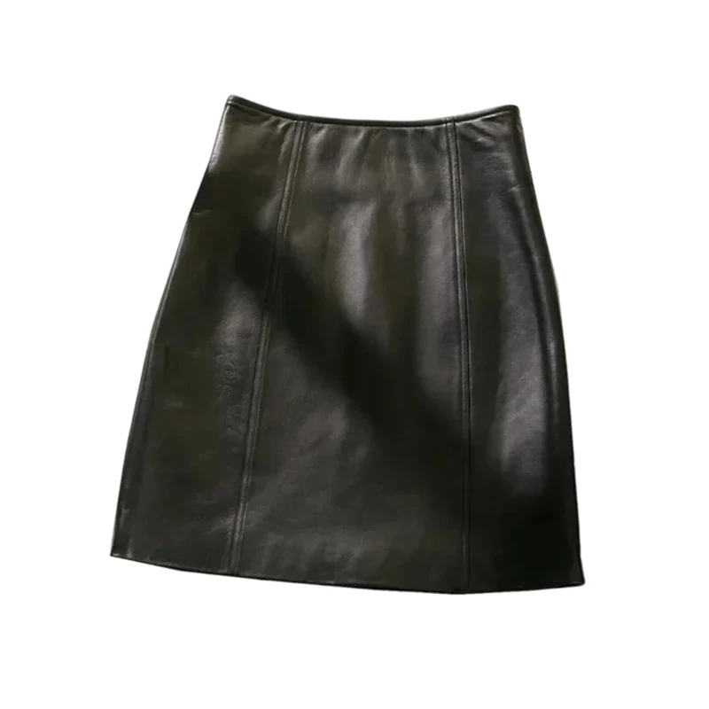 Women Genuine Leather Skirt Vintage A-Line Mini Skirts Fall Winter Black