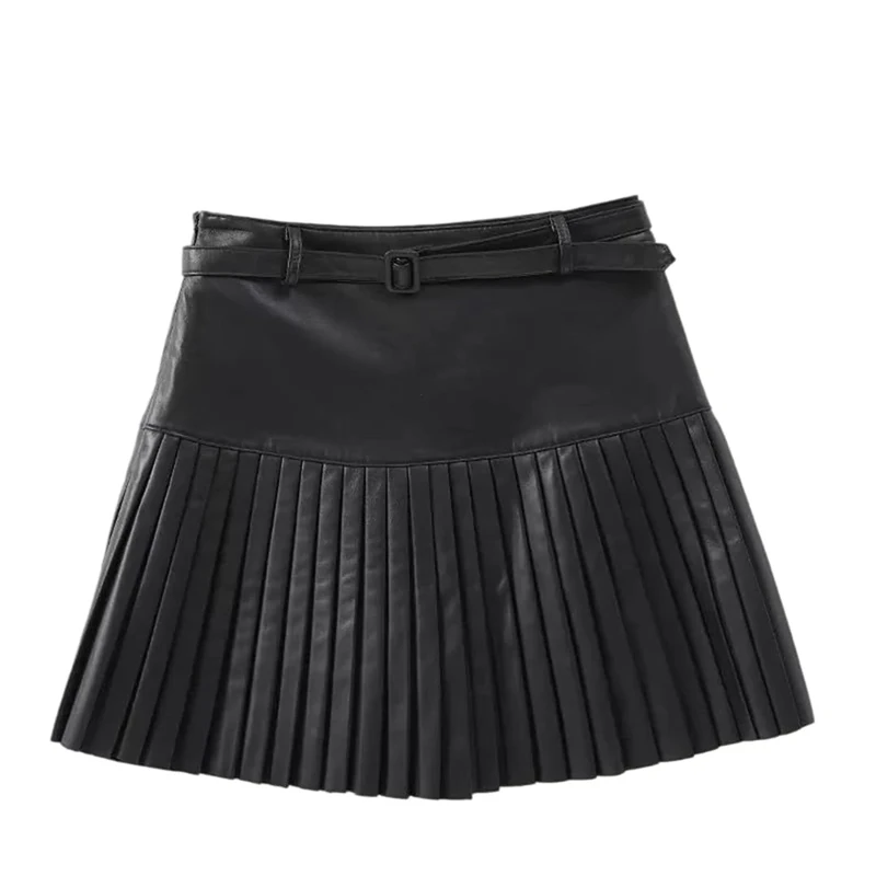 Women Preppy Mini Skirt Genuine Leather High-Waisted Pleated Belt Skirts Black